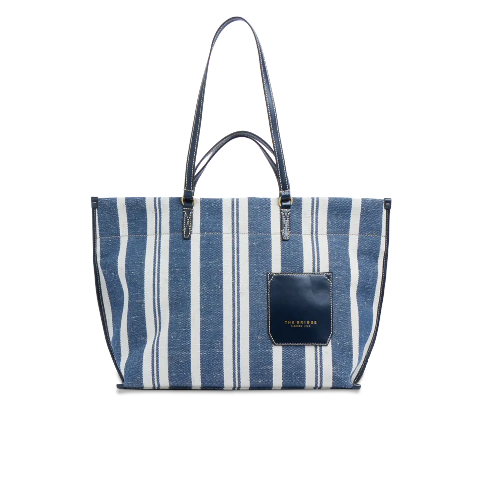 the-bridge-luna-ss26-shopper-in-pelle-e-tessuto-blu-naturale-oro image 1