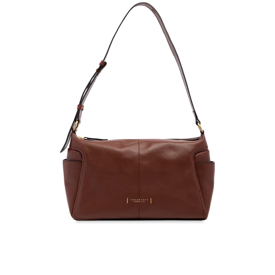 the-bridge-letizia-ss26-borsa-tracolla-in-pelle-con-tasche-laterali-marrone-oro image 1