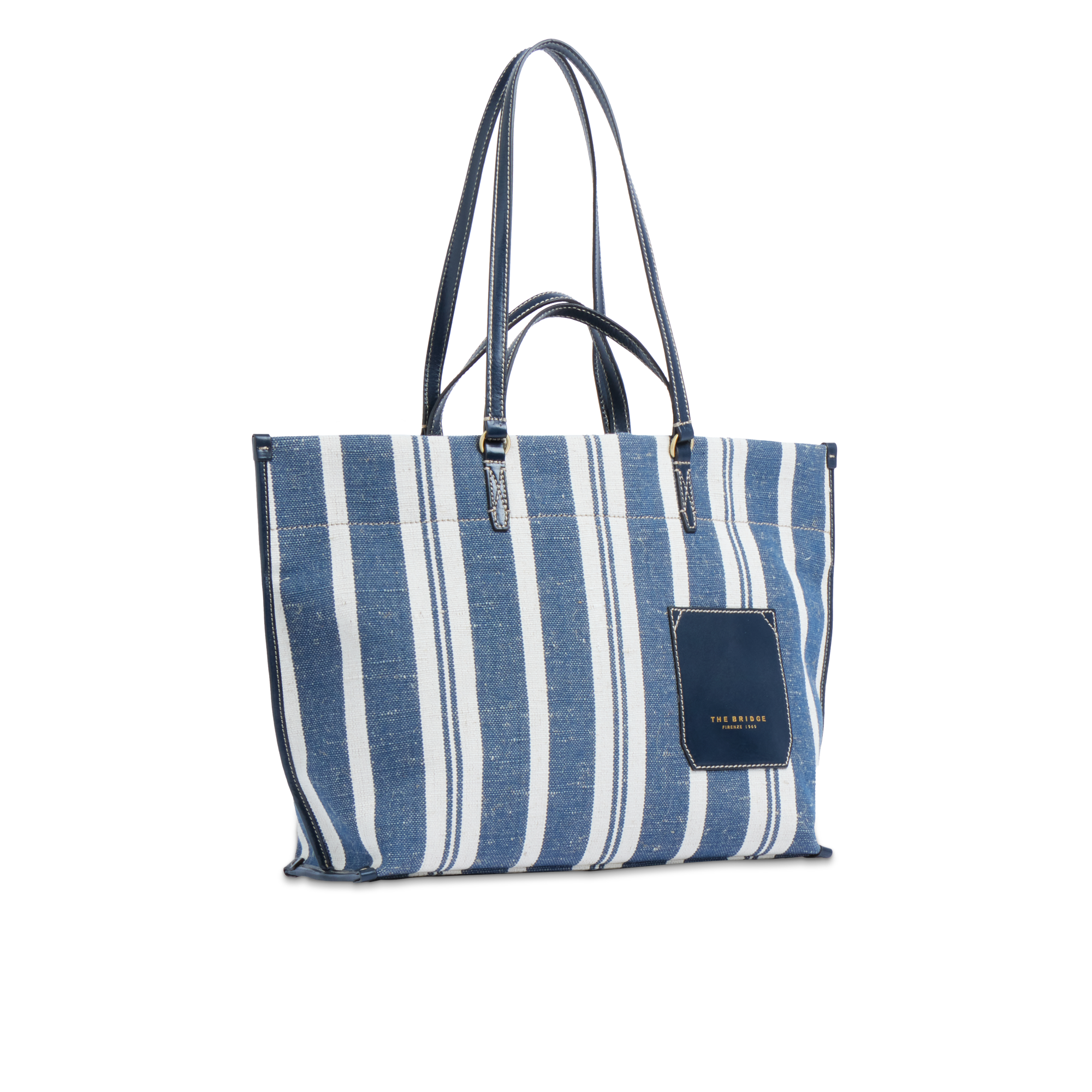 the-bridge-luna-ss26-shopper-in-pelle-e-tessuto-blu-naturale-oro image 2