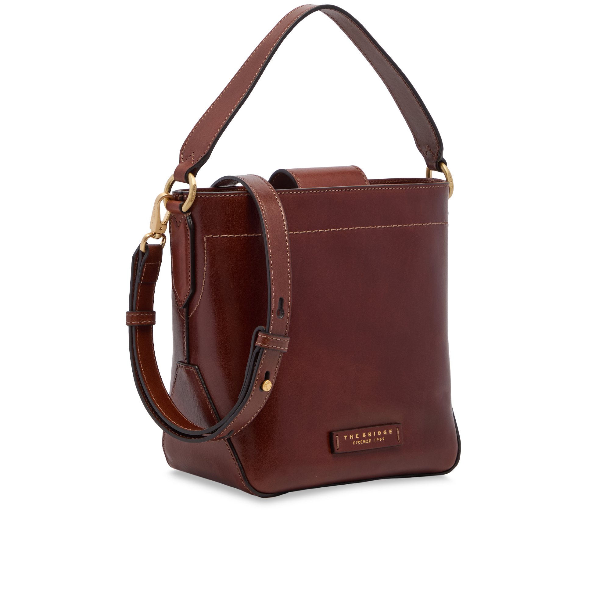 the-bridge-larissa-borsa-secchiello-in-pelle-marrone-oro-con-tracolla-e-manico image 2