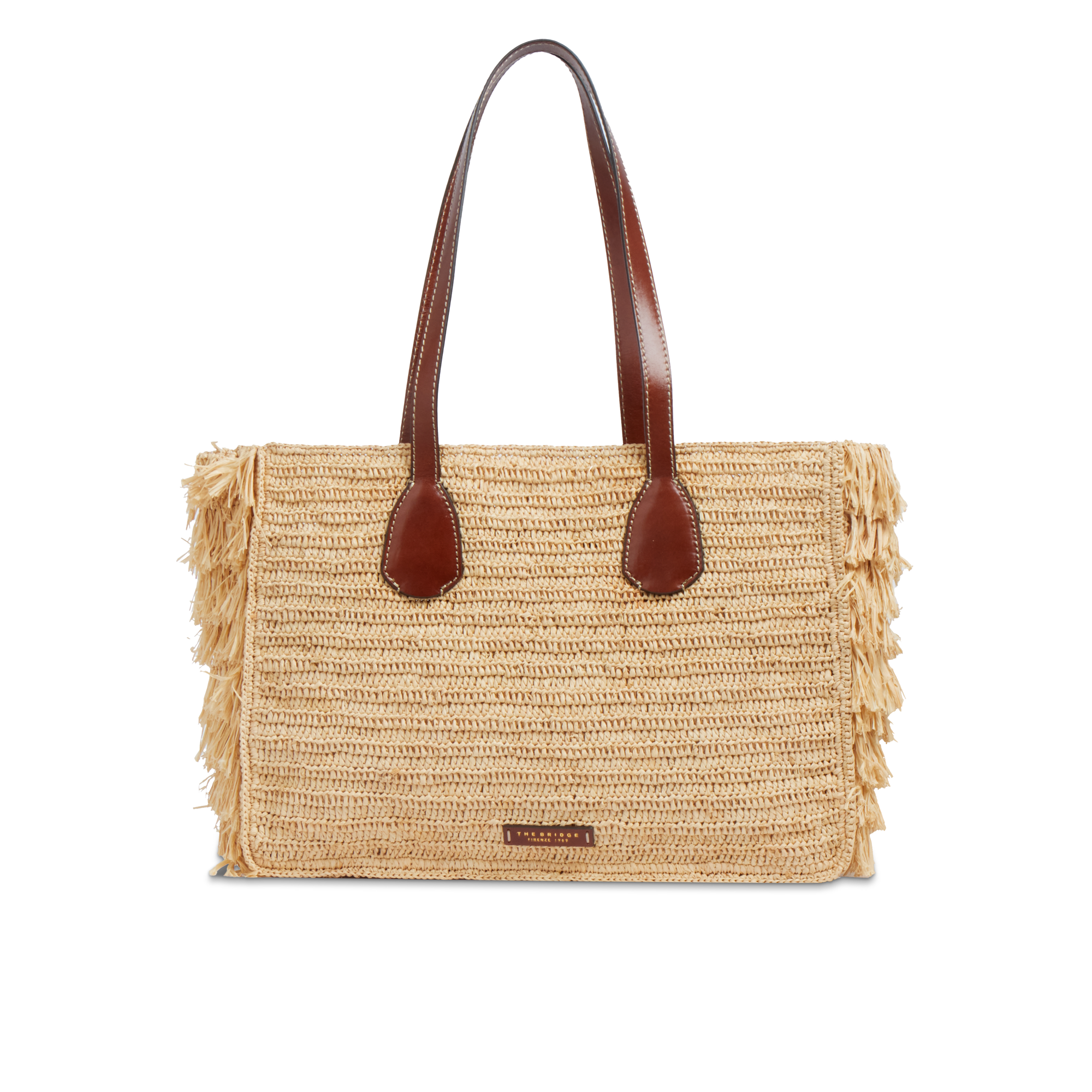 the-bridge-luna-shopper-in-pelle-e-rafia-marrone-con-oro image 1