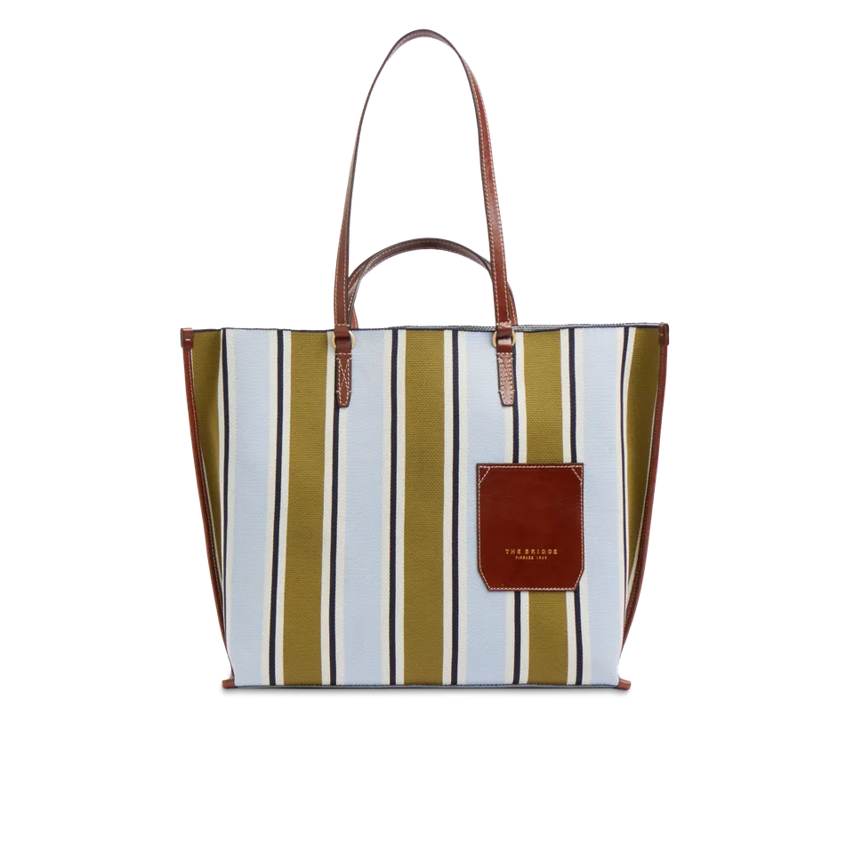 the-bridge-luna-ss26-shopper-donna-in-pelle-e-tessuto-riga-multicolor-marrone image 1