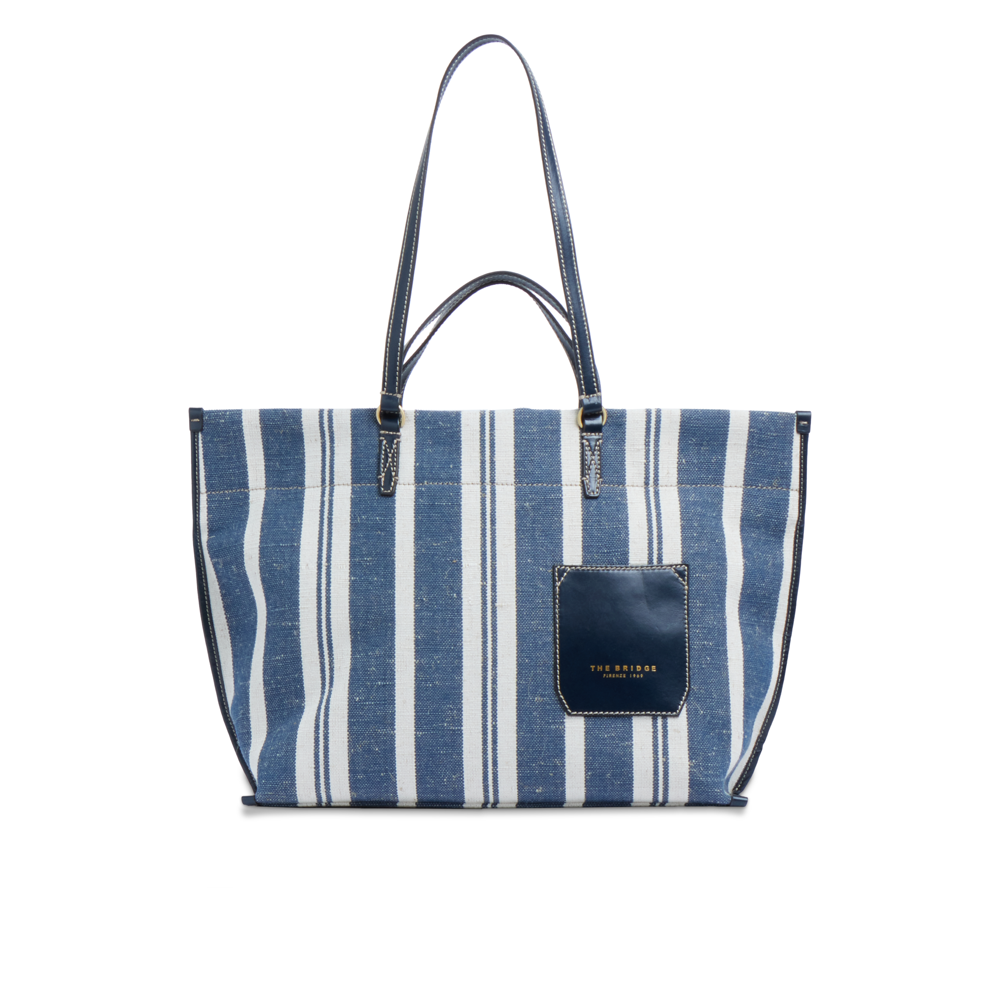 the-bridge-luna-ss26-shopper-in-pelle-e-tessuto-blu-naturale-oro image 1