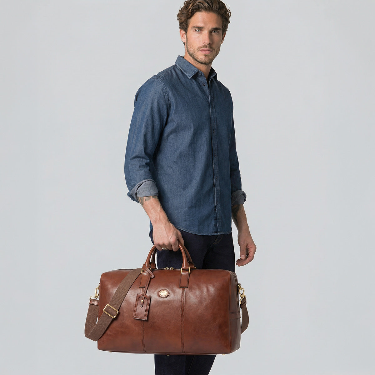 the-bridge-borsone-in-pelle-da-viaggio-marrone-oro-duffel-uomo image 6